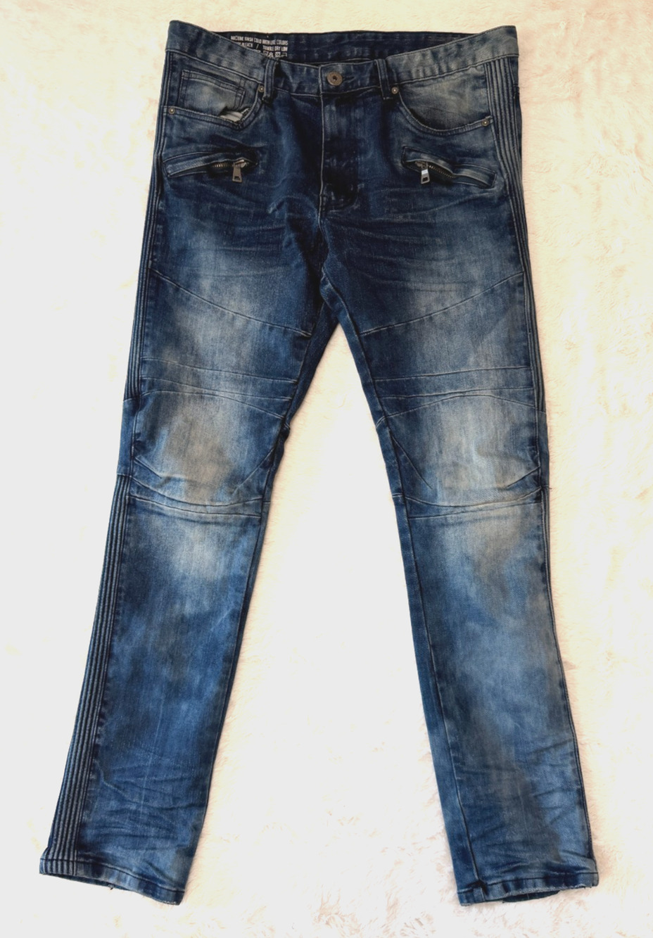 Smoke Rise Mens Size 36x32 Blue Acid Wash Skinny Moto Jeans Zipper Pockets